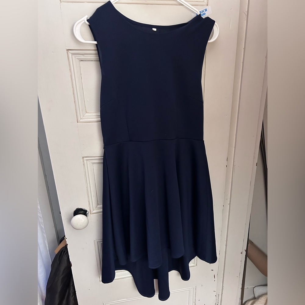 Navy Boat Neck Sleeveless High Low Skater Swing Dress EUC